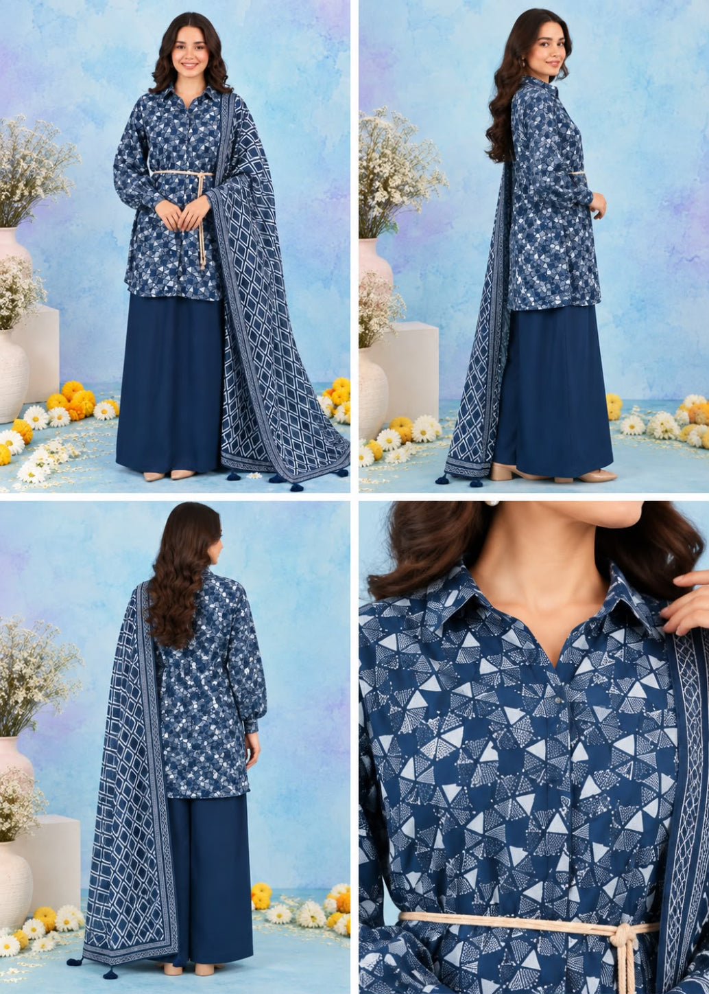 A four-panel collage showing a woman modeling a navy blue traditional outfit with a white geometric print, consisting of a long-sleeve kurta, matching wide-leg pants, and a draped dupatta, alongside a close-up of the printed fabric.