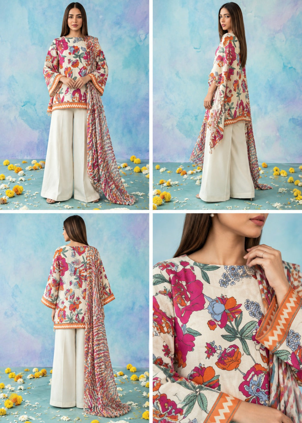 A four-panel collage showing a woman modeling a floral printed kurta set with wide-leg cream pants and a matching printed dupatta, against a blue textured backdrop with scattered yellow flowers. The collage includes front, side, back, and close-up views.