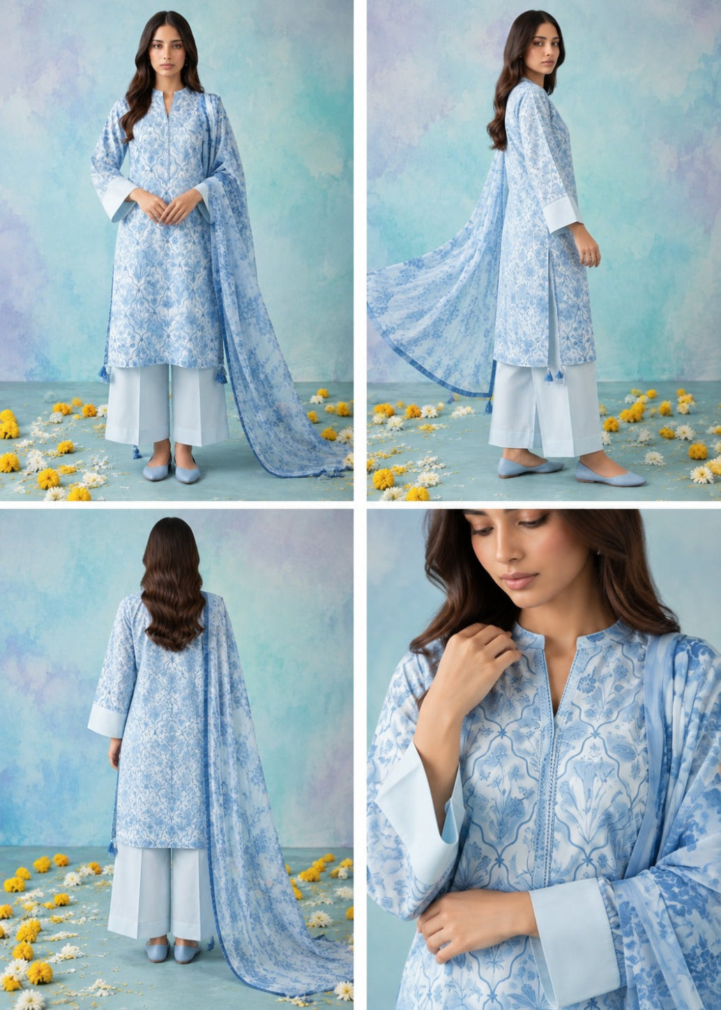 A four-panel collage showing a woman modeling a light blue and white printed traditional outfit against a soft blue studio backdrop with scattered yellow flowers. The panels include front, side, back, and close-up views of the tunic, dupatta, and wide sleeves.