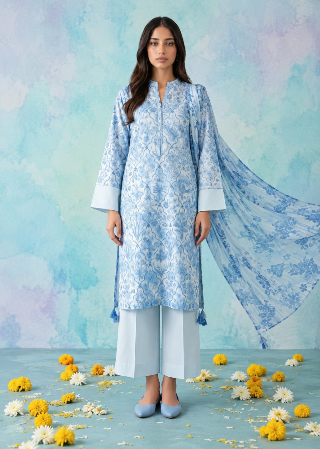 A woman stands against a soft blue and mint watercolor backdrop wearing a light blue and white printed kurta with matching wide-leg pants and a sheer printed dupatta. Yellow and white flowers are scattered on the floor.
