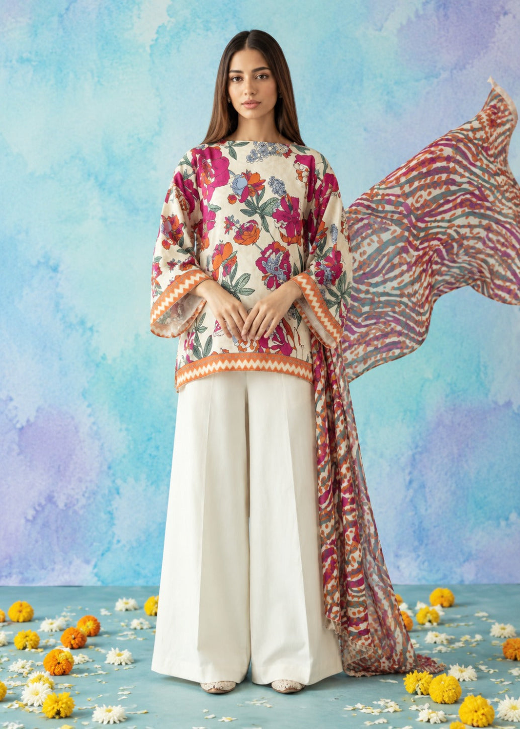 A woman models a traditional three-piece salwar kameez suit set. The set features a cream-colored kameez top with a vibrant multicolor floral print and orange border detailing, paired with wide-leg cream trousers and a matching patterned dupatta.