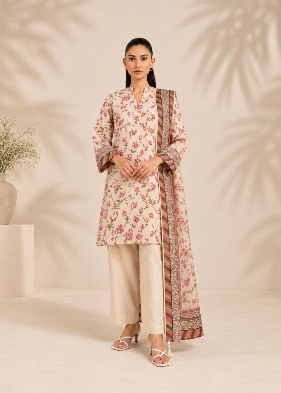 A woman modeling a cream-colored floral kurta with pink and green floral patterns, featuring wide sleeves with striped and geometric borders, paired with a matching patterned dupatta.