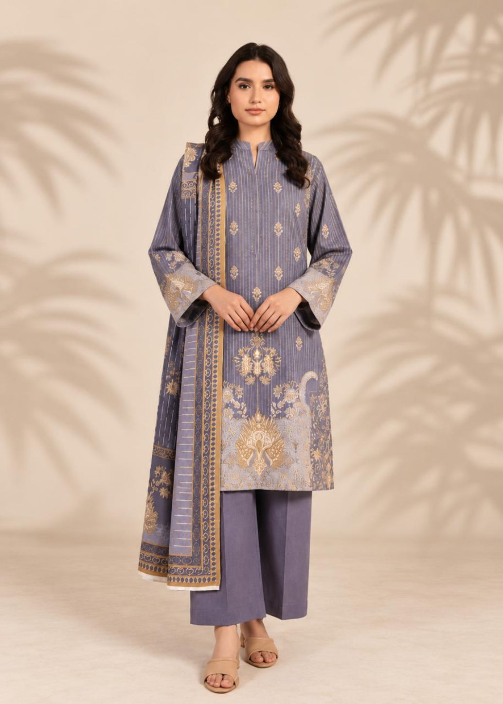 A woman modeling a traditional three-piece salwar kameez suit in dusty lavender with gold and beige embroidery, set against a warm beige background with soft palm leaf shadows.