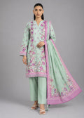 A woman modeling a mint green three-piece traditional outfit with pink floral embroidery and a matching pink-bordered dupatta, photographed against a plain gray studio background.