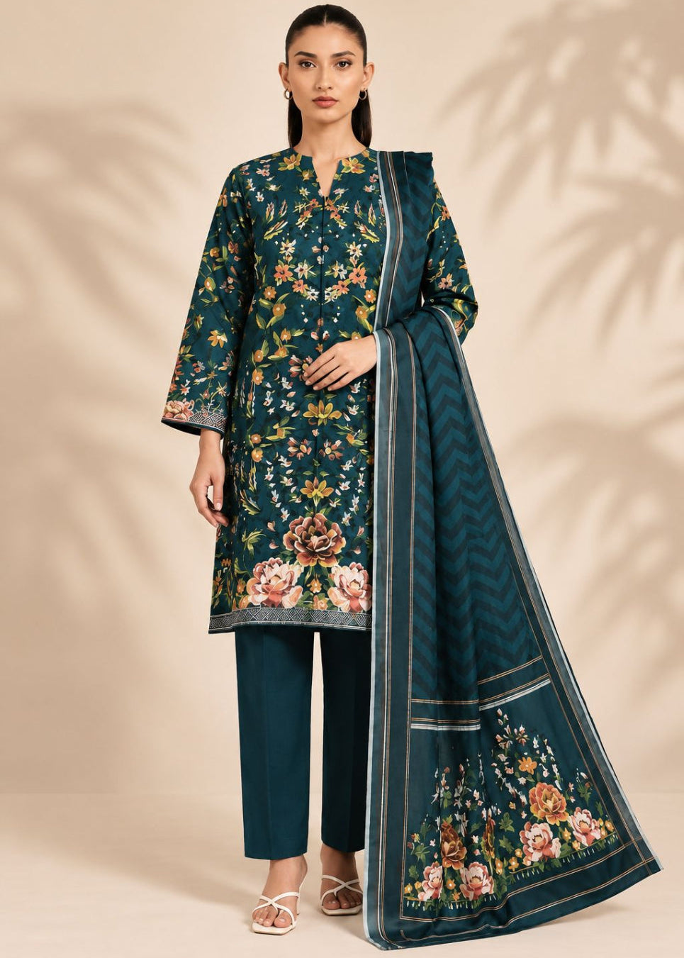 A woman models a dark teal green ethnic salwar kameez suit set with floral embroidery, matching trousers, and a coordinating dupatta with a chevron pattern, set against a warm beige background with leaf shadows.