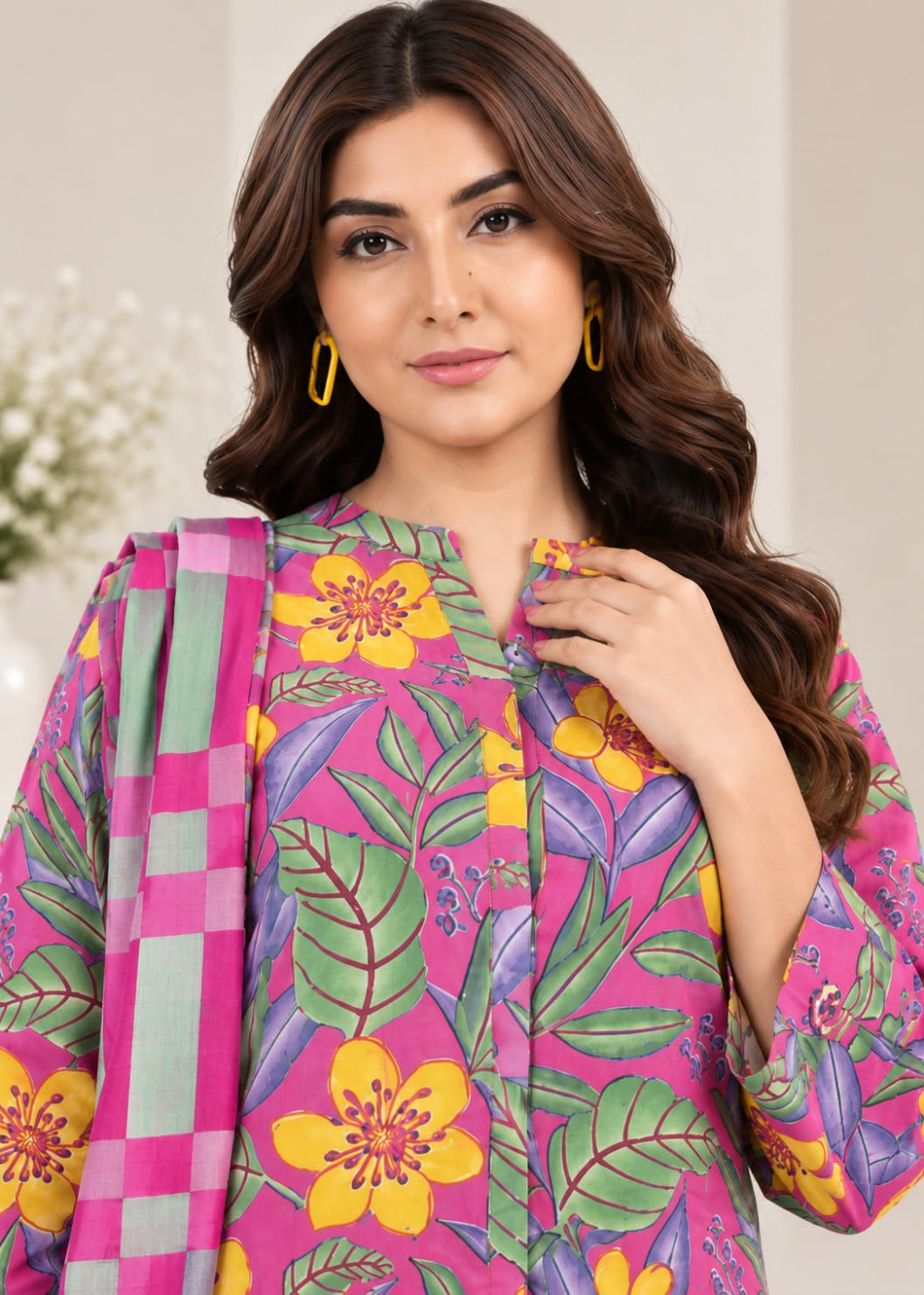 A woman wearing a vibrant pink printed kurta with yellow flowers, green leaves, and purple accents, paired with a matching pink dupatta featuring a green and pink checkered pattern.