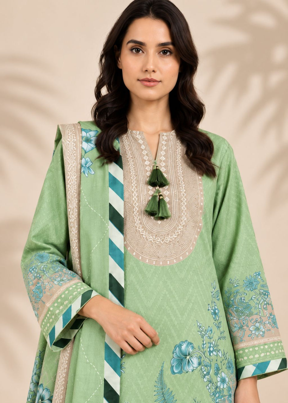 A woman modeling a light green traditional embroidered kurta with a matching dupatta, featuring blue floral prints, beige embroidery, and green tassel jewelry against a beige background with leaf shadows.
