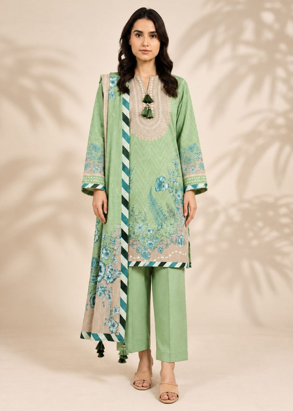 A woman models a traditional three-piece salwar kameez suit in mint green. The set includes a printed kameez top with a beige yoke, matching green and beige striped border, and wide sleeves; coordinating green trousers; and a dupatta with green and beige stripes and tassel ends.