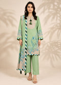 A woman models a traditional three-piece salwar kameez suit in mint green. The set includes a printed kameez top with a beige yoke, matching green and beige striped border, and wide sleeves; coordinating green trousers; and a dupatta with green and beige stripes and tassel ends.