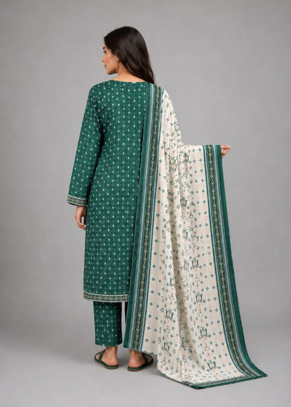 A woman shown from the back wearing a green three-piece salwar kameez suit with white printed motifs and a matching patterned dupatta, set against a solid gray studio background.