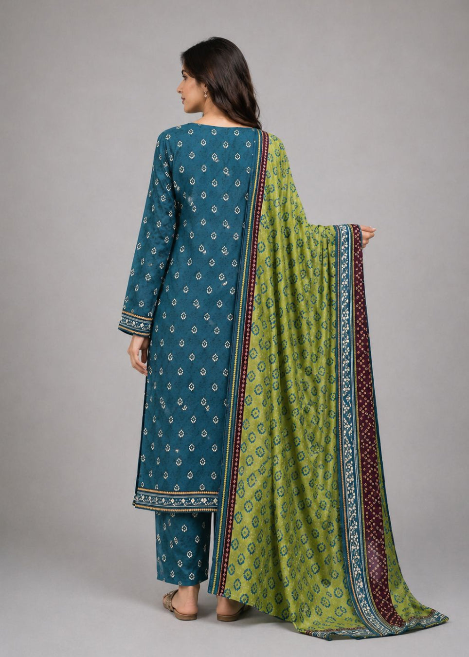A woman shown from the back wearing a teal blue printed kurta and matching pants, with a green printed dupatta draped over her shoulder, against a plain gray studio background.