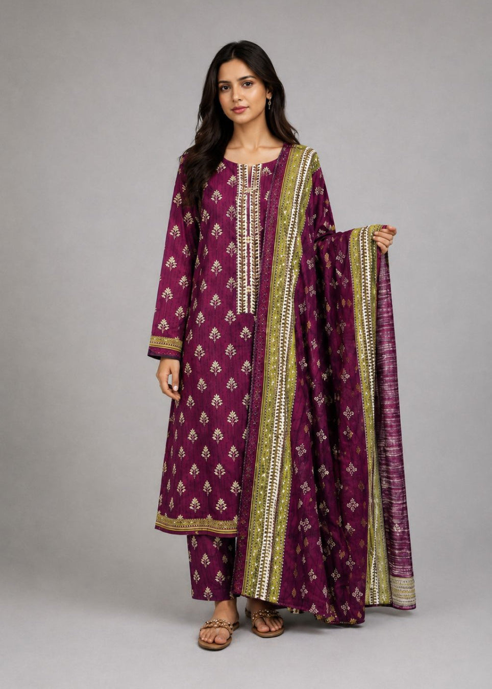 A woman modeling a traditional Indian salwar kameez suit in deep purple with gold and white printed motifs, holding a matching purple dupatta with gold borders against a neutral gray background.