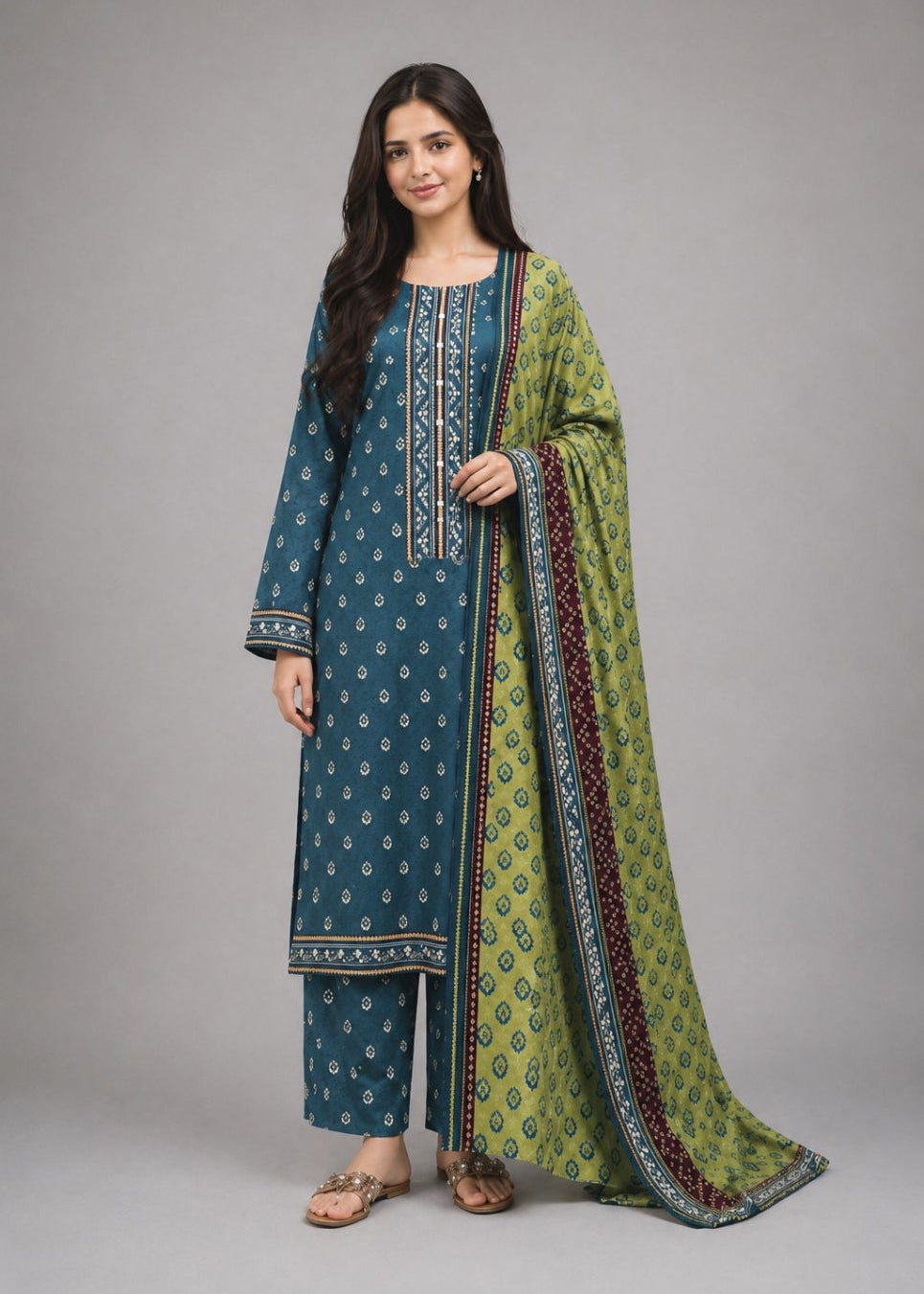 A woman modeling a traditional South Asian salwar kameez set, featuring a teal blue kurta with white floral prints and border embroidery, matching pants, and a green dupatta with intricate red and gold patterns, set against a plain gray studio background.