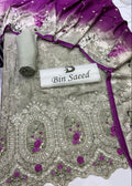 A folded and rolled traditional South Asian salwar suit material set by Bin Saeed, featuring a textured olive green base with intricate silver zari embroidery, purple floral accents, and a matching purple gradient dupatta.