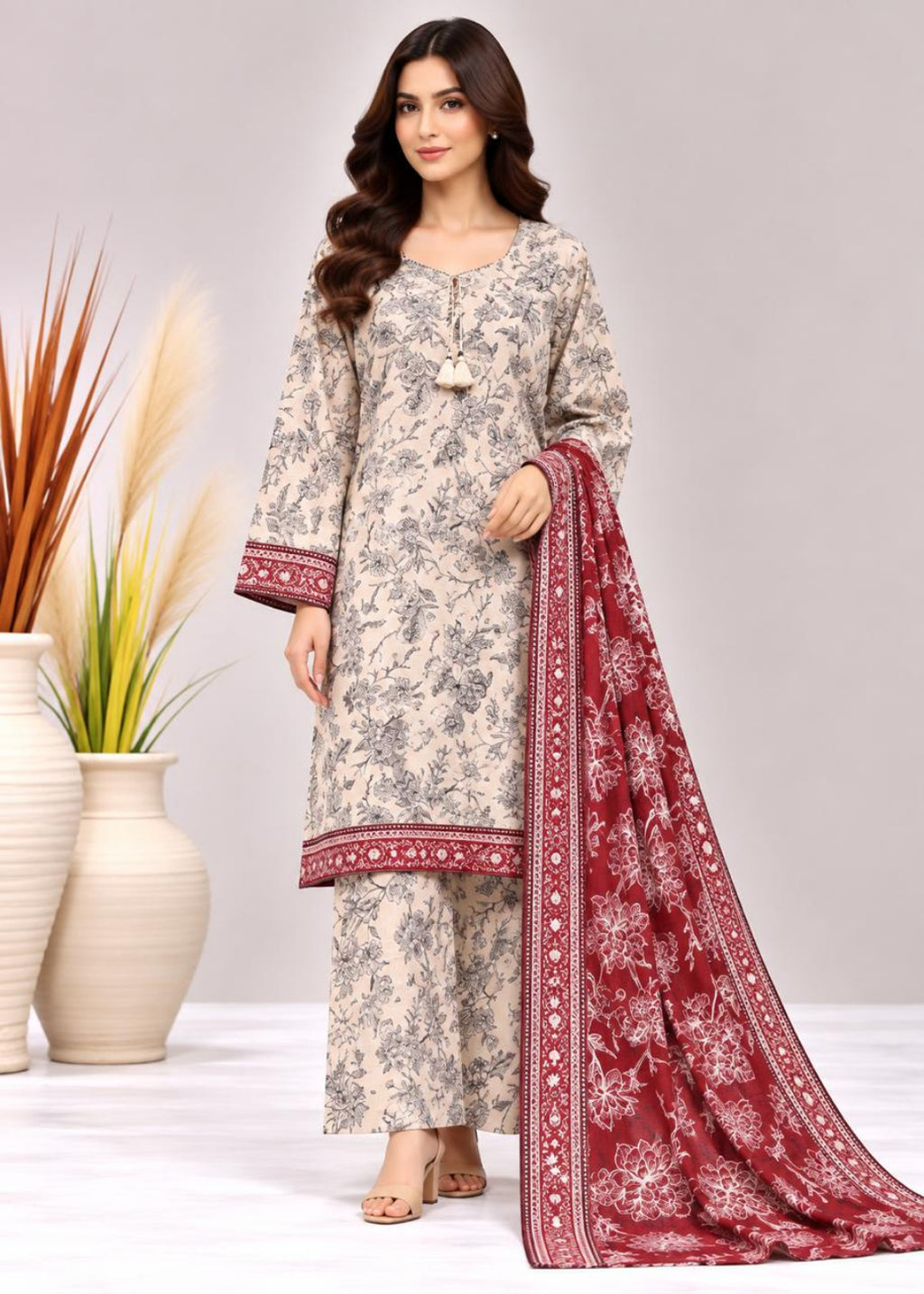 A woman models a traditional South Asian salwar kameez suit set. The kurta and pants are light beige with a dark gray floral print, featuring red patterned borders.