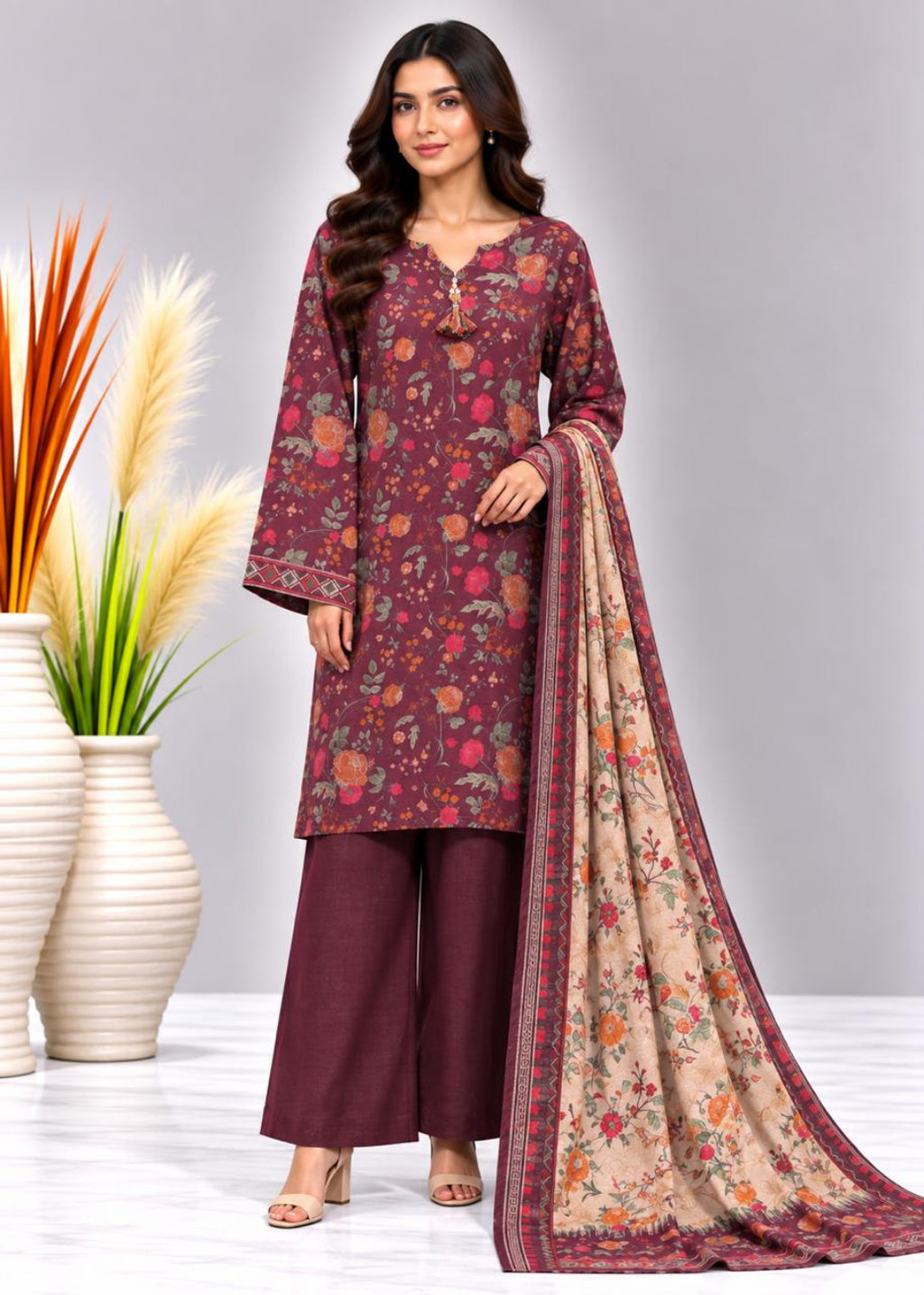 A woman models a three-piece salwar kameez suit set. The kurta is a deep plum purple with a dense multicolor floral print, paired with matching wide-leg trousers and a beige dupatta featuring a floral pattern and a purple border.