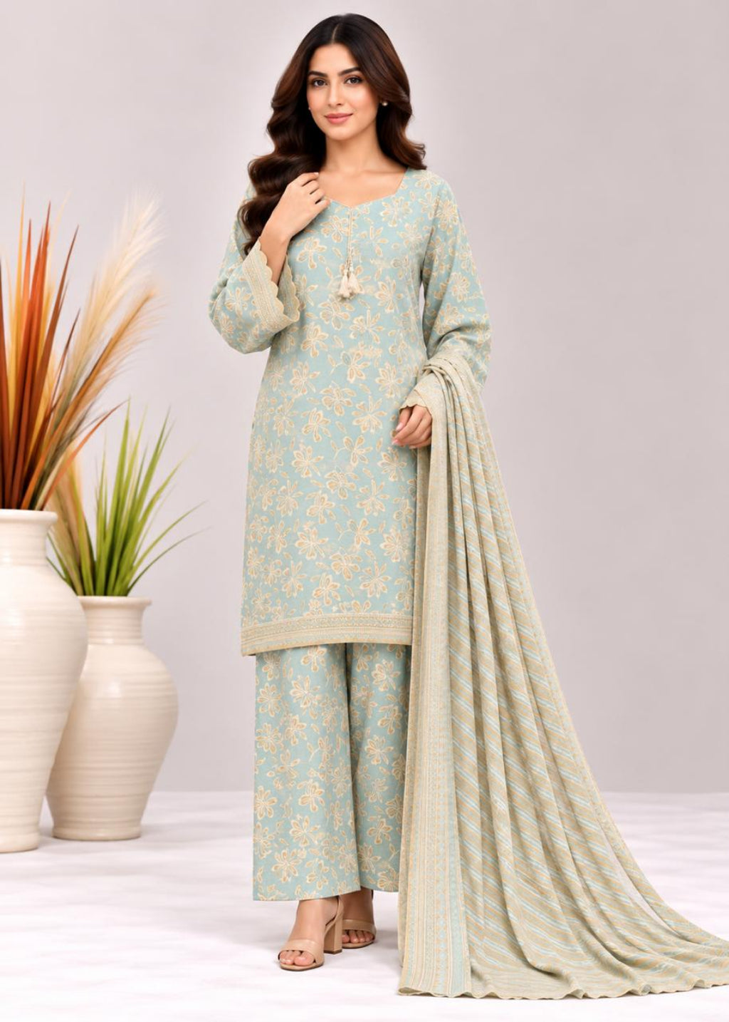 A woman models a light blue-green salwar kameez suit with beige floral prints and a matching dupatta, set against a neutral studio background with decorative vases.