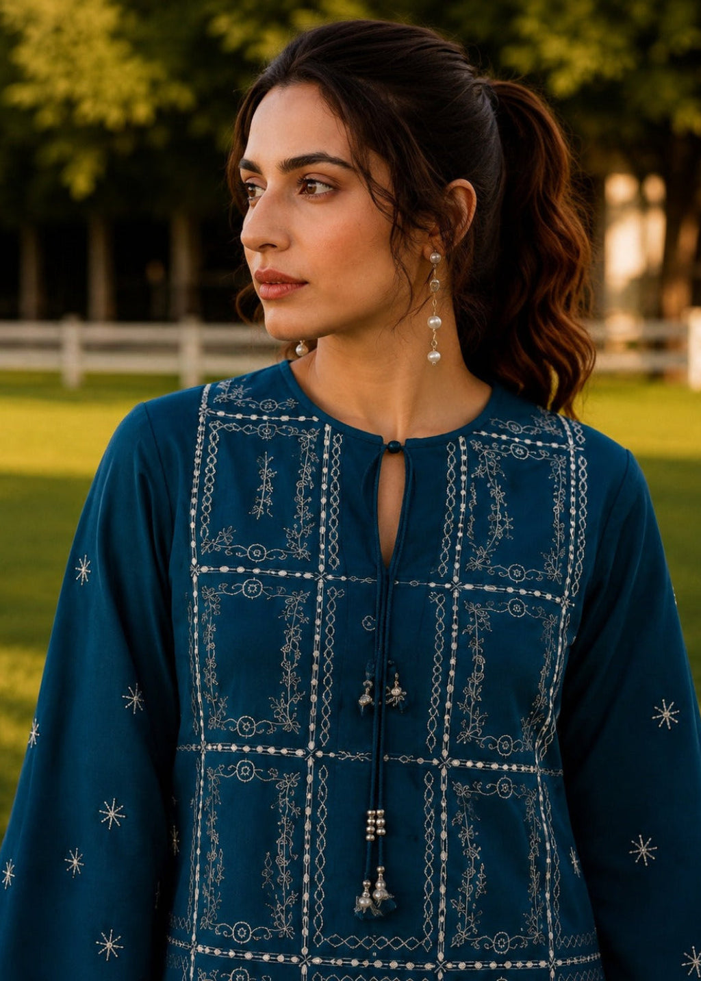 A woman wearing a teal blue embroidered kurta with white geometric patterns and silver tassel ties, standing outdoors in a park setting.