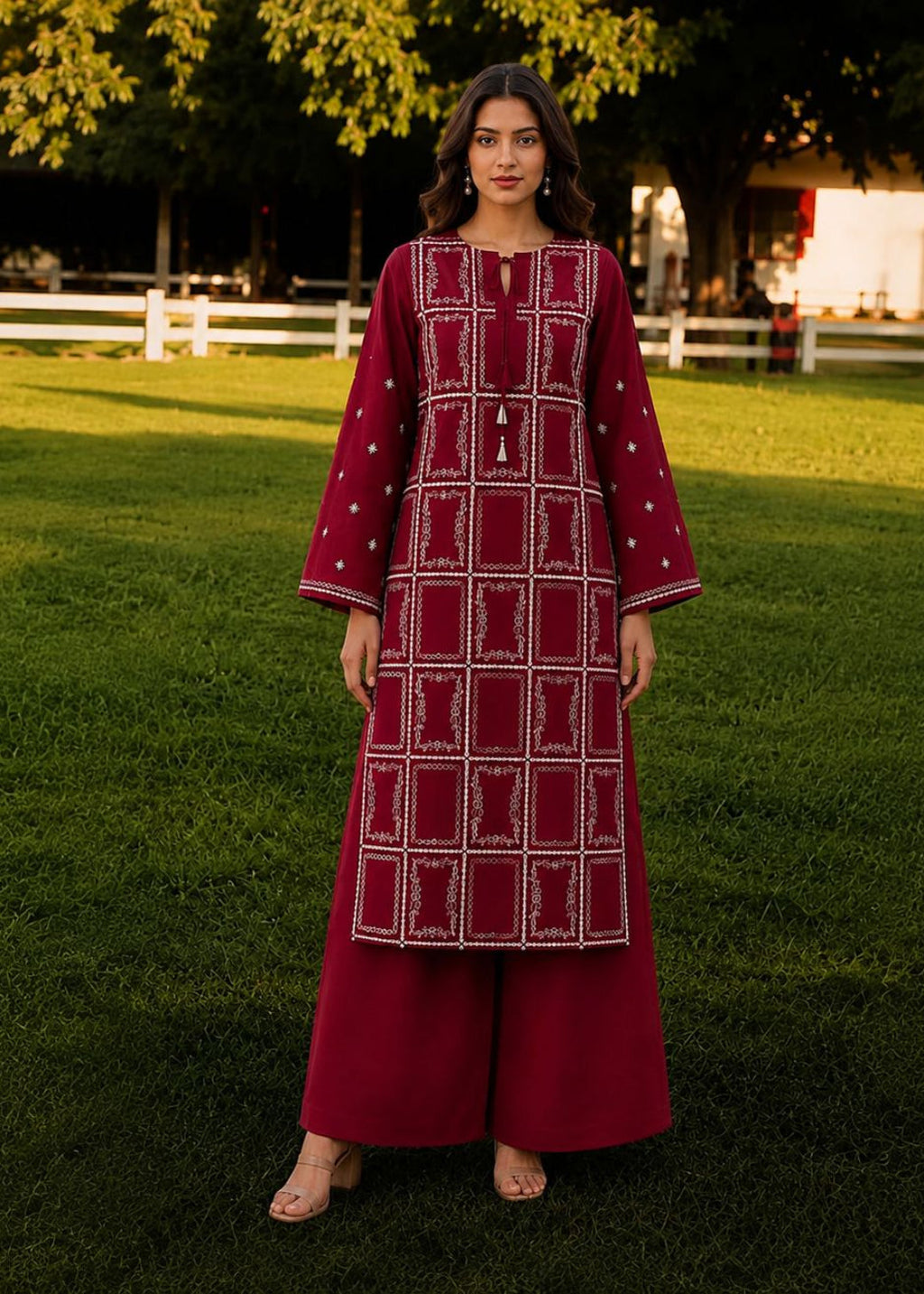 A woman stands outdoors on a grassy lawn wearing a long maroon embroidered kurta with matching wide-leg pants. The outfit features white geometric border embroidery and small white dot details.