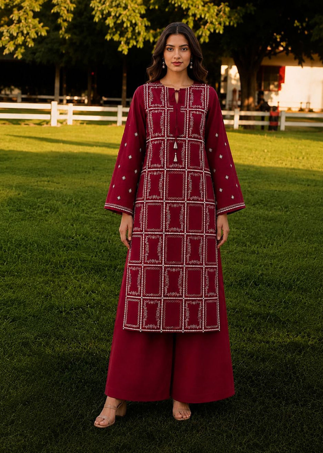 A woman stands outdoors on a grassy lawn wearing a long maroon embroidered kurta with matching wide-leg pants. The outfit features white geometric border embroidery and small white dot details.
