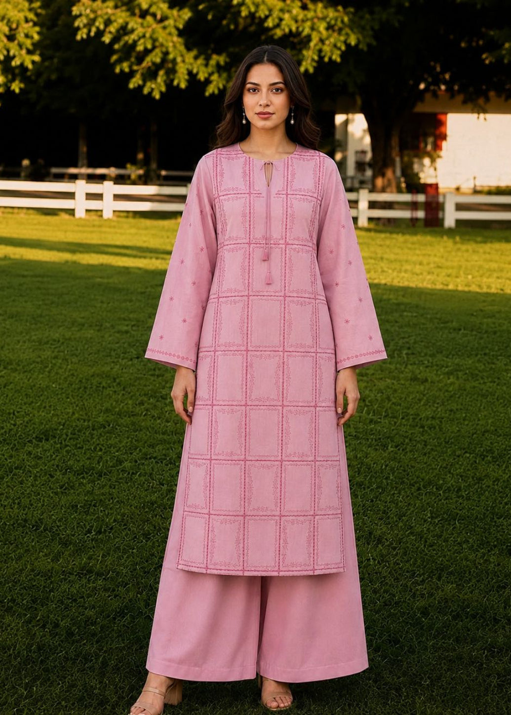 A woman stands on a green lawn wearing a light pink traditional outfit with a long kurta and wide-leg pants. The outfit features a subtle grid pattern and small embroidered details.