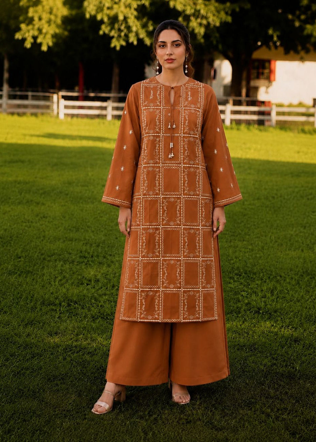 A woman stands on a green lawn wearing a rust-orange embroidered kurta with matching wide-leg pants. The kurta features a grid-like pattern of white and light brown embroidery, and the outfit is styled with beige sandals.