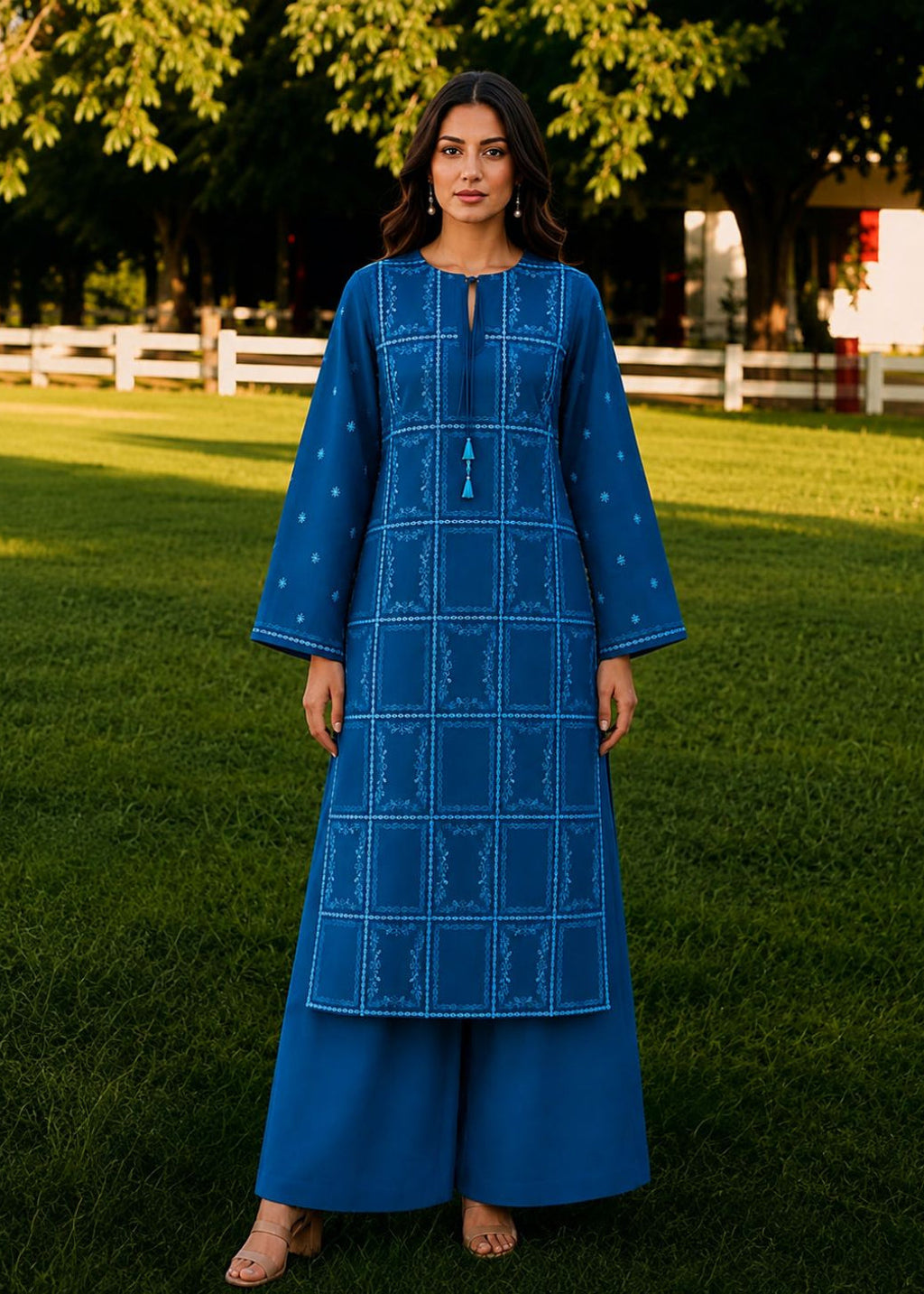 A woman stands outdoors on a grassy lawn wearing a long blue embroidered kurta with matching wide-leg pants. The kurta has a keyhole neckline with a tassel, three-quarter sleeves, and a grid-like embroidered pattern.