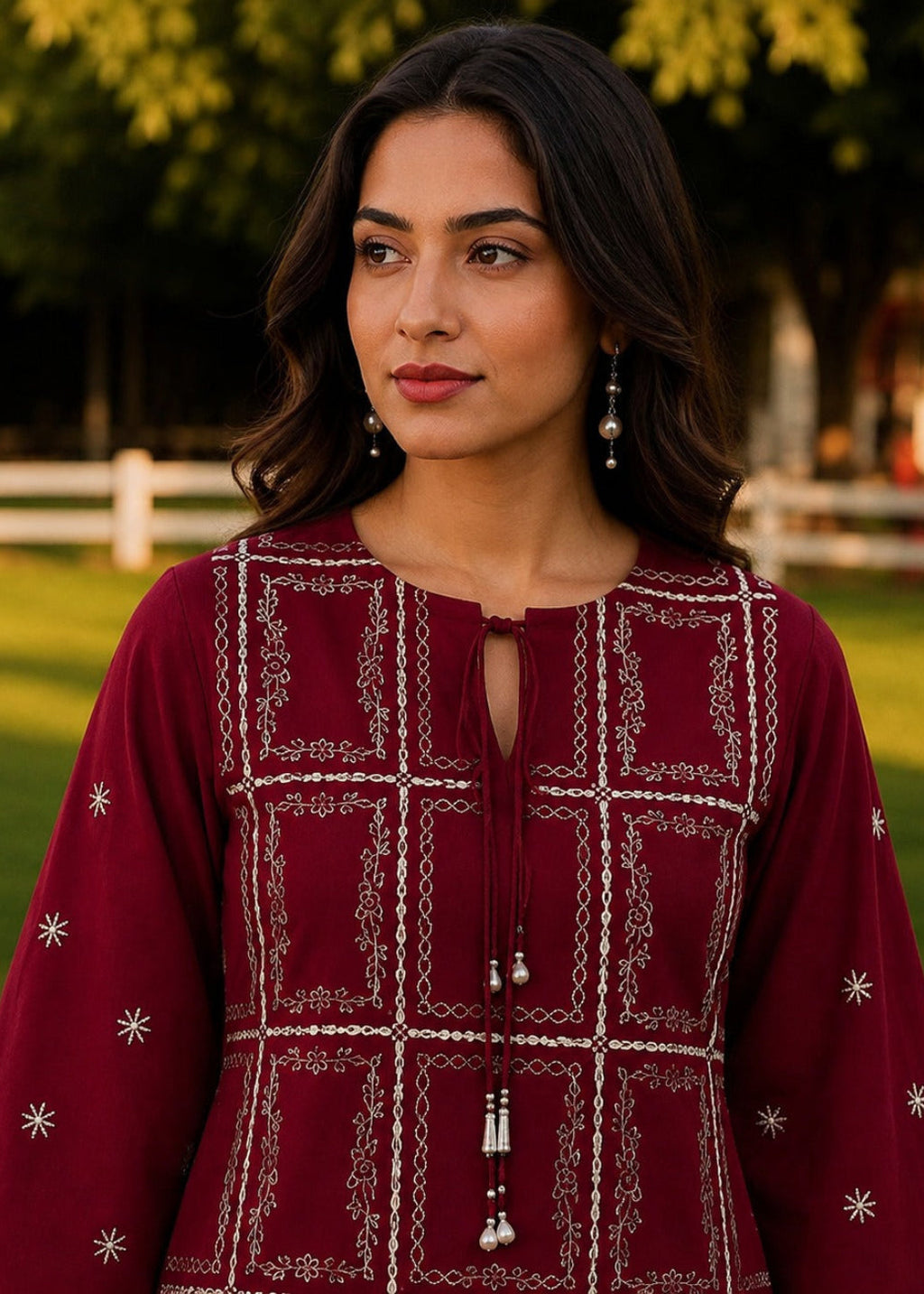 A woman wearing a maroon long-sleeve embroidered kurta with white geometric patterns and tassel details, photographed outdoors in a park setting.