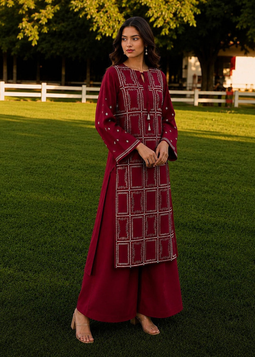 A woman stands outdoors on a green lawn wearing a long maroon kurta with white geometric embroidery and matching wide-leg pants. Trees, a white fence, and a building are visible in the background.