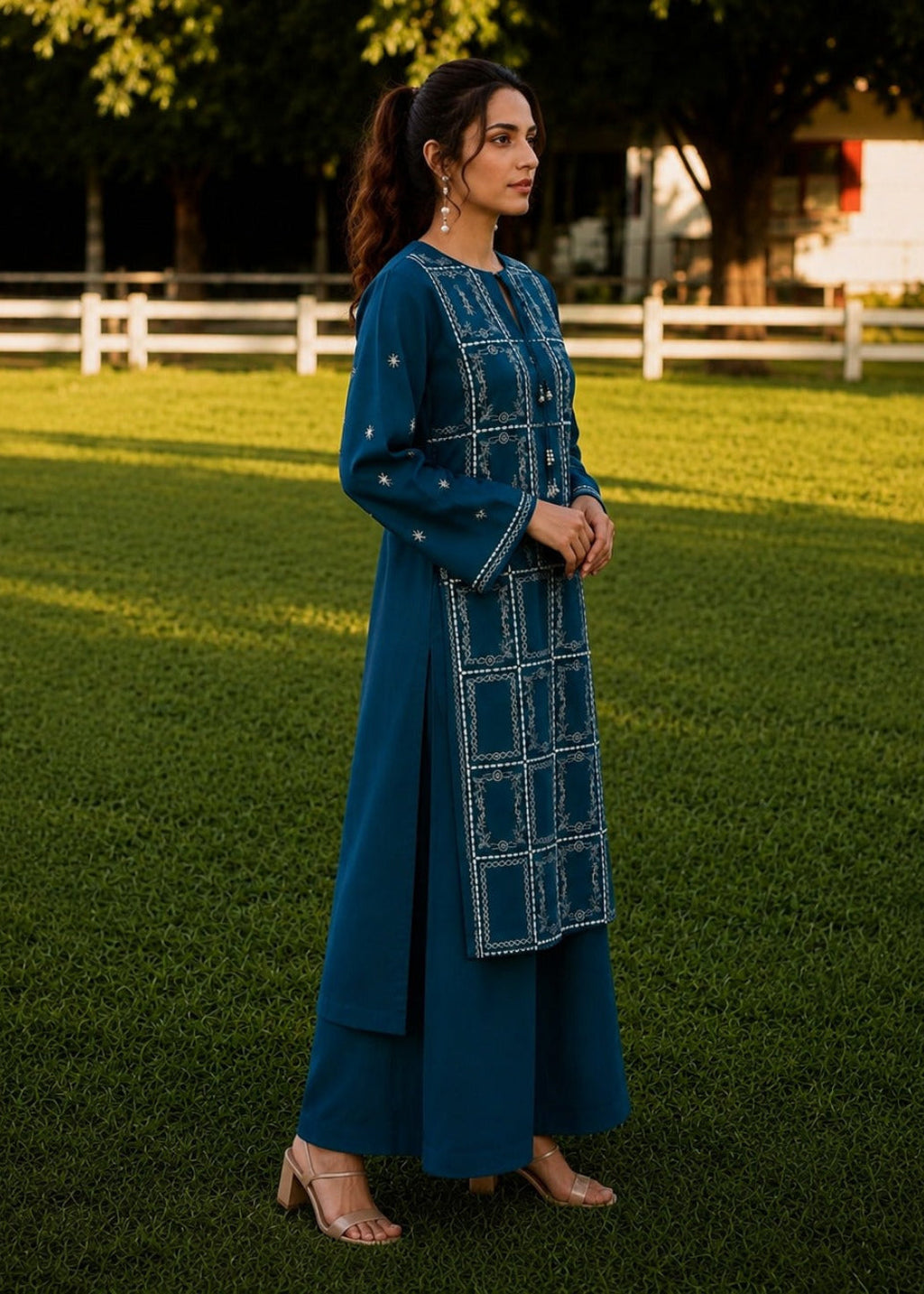A woman stands on a green lawn wearing a long teal-blue embroidered kurta with matching wide-leg pants and beige heeled sandals. The background shows trees, a white fence, and a softly blurred outdoor setting.