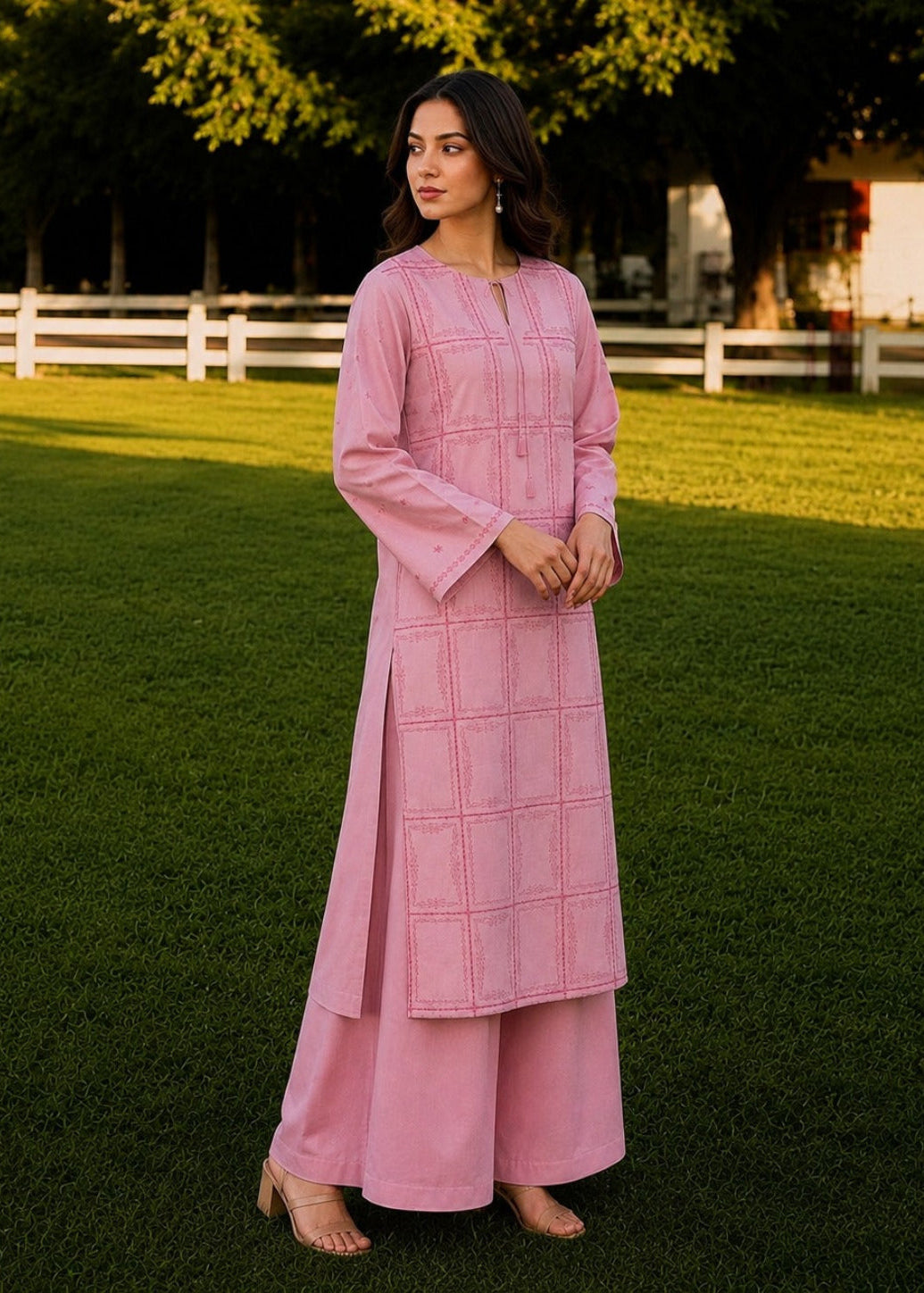 A woman stands on a green lawn wearing a long pink embroidered kurta with matching wide-leg pants. The outdoor setting features a white fence and trees in the background.
