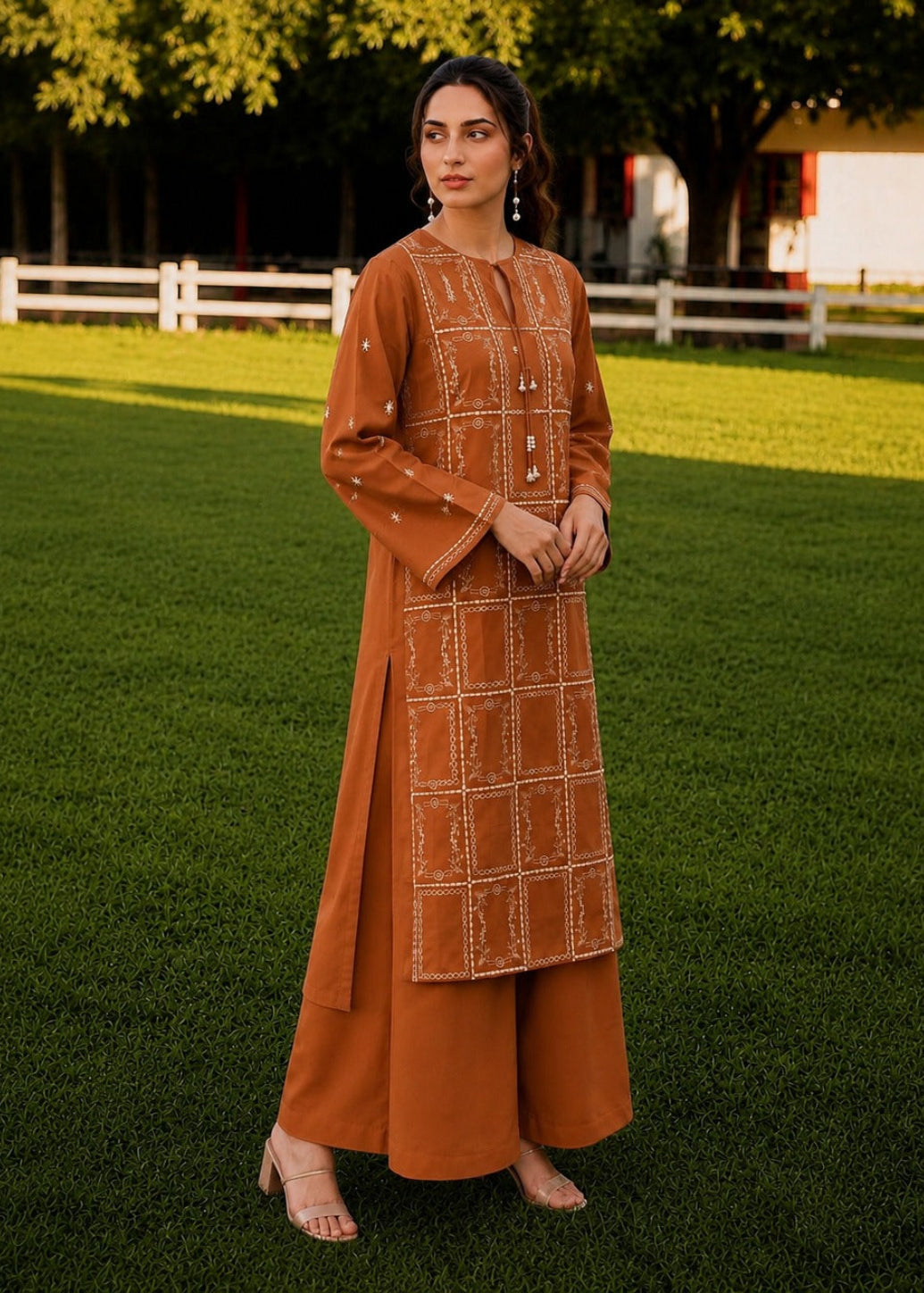 A woman stands barefoot on a green lawn wearing a rust-brown long kurta and matching wide-leg pants with cream-colored embroidered geometric patterns. The background shows a white fence, trees, and a building in soft focus.