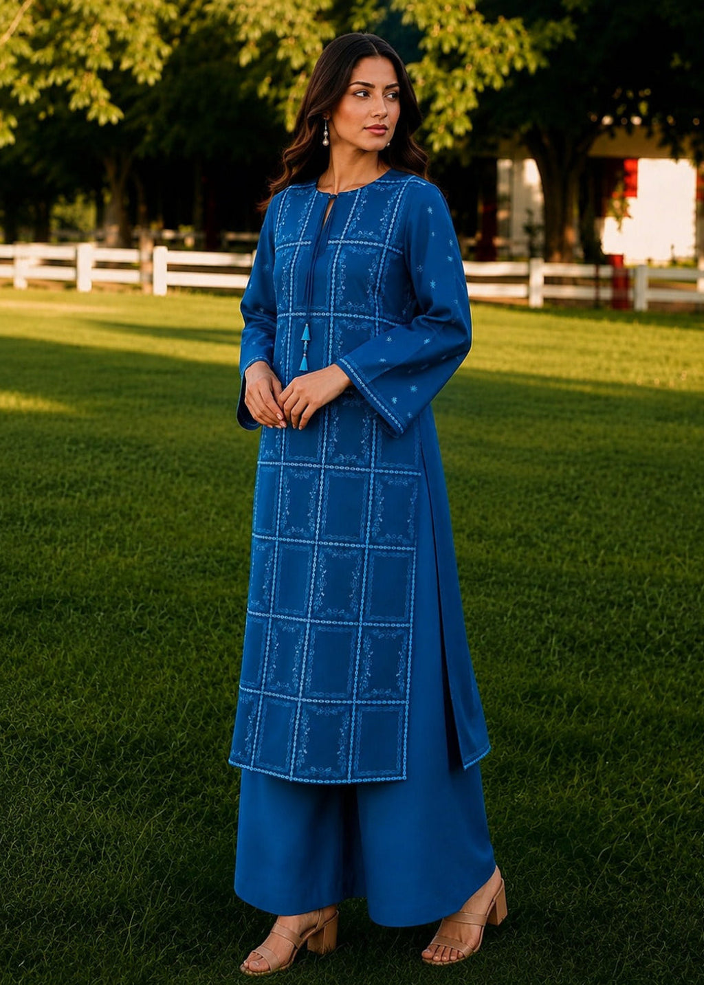 A woman stands on a grassy lawn wearing a royal blue embroidered kurta with matching wide-leg pants. The outfit features white geometric embroidery and a tassel tie at the neckline.