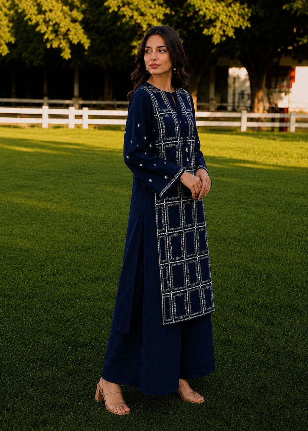 A woman stands on a green lawn wearing a navy blue long kurta with white geometric embroidery and matching wide-leg pants. The background features a white fence, trees, and warm sunlight casting shadows on the grass.