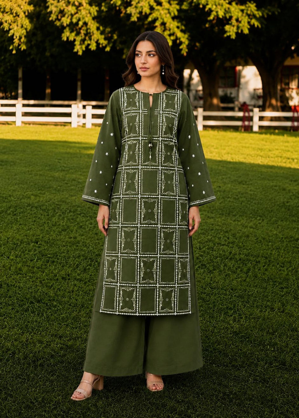 A woman stands on a grassy lawn wearing an olive green embroidered kurta with matching wide-leg trousers. The kurta features white geometric border embroidery and small white dot embellishments on the sleeves.