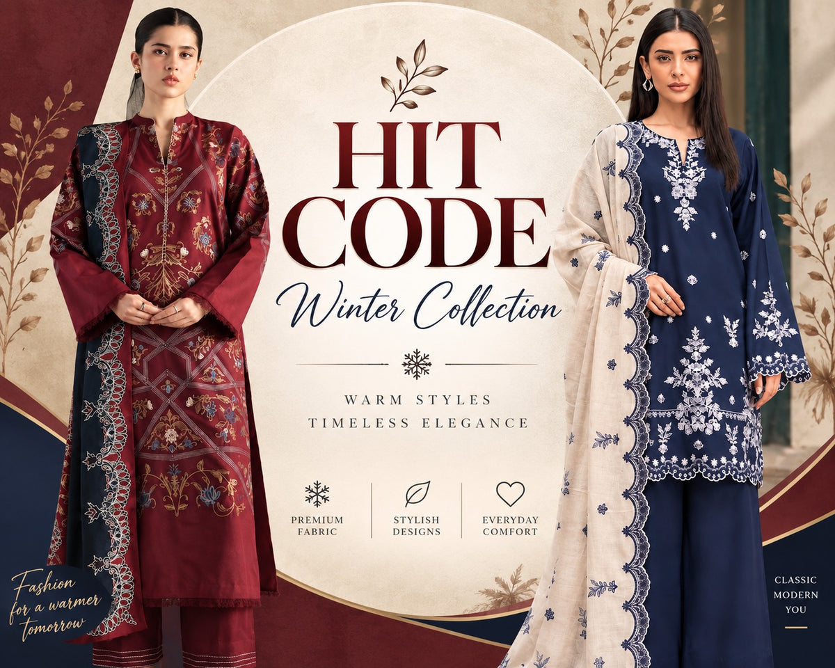 Promotional banner for a winter collection featuring two models wearing traditional South Asian outfits. On the left, a model wears a deep maroon kurta with intricate gold and silver embroidery and a matching dupatta.