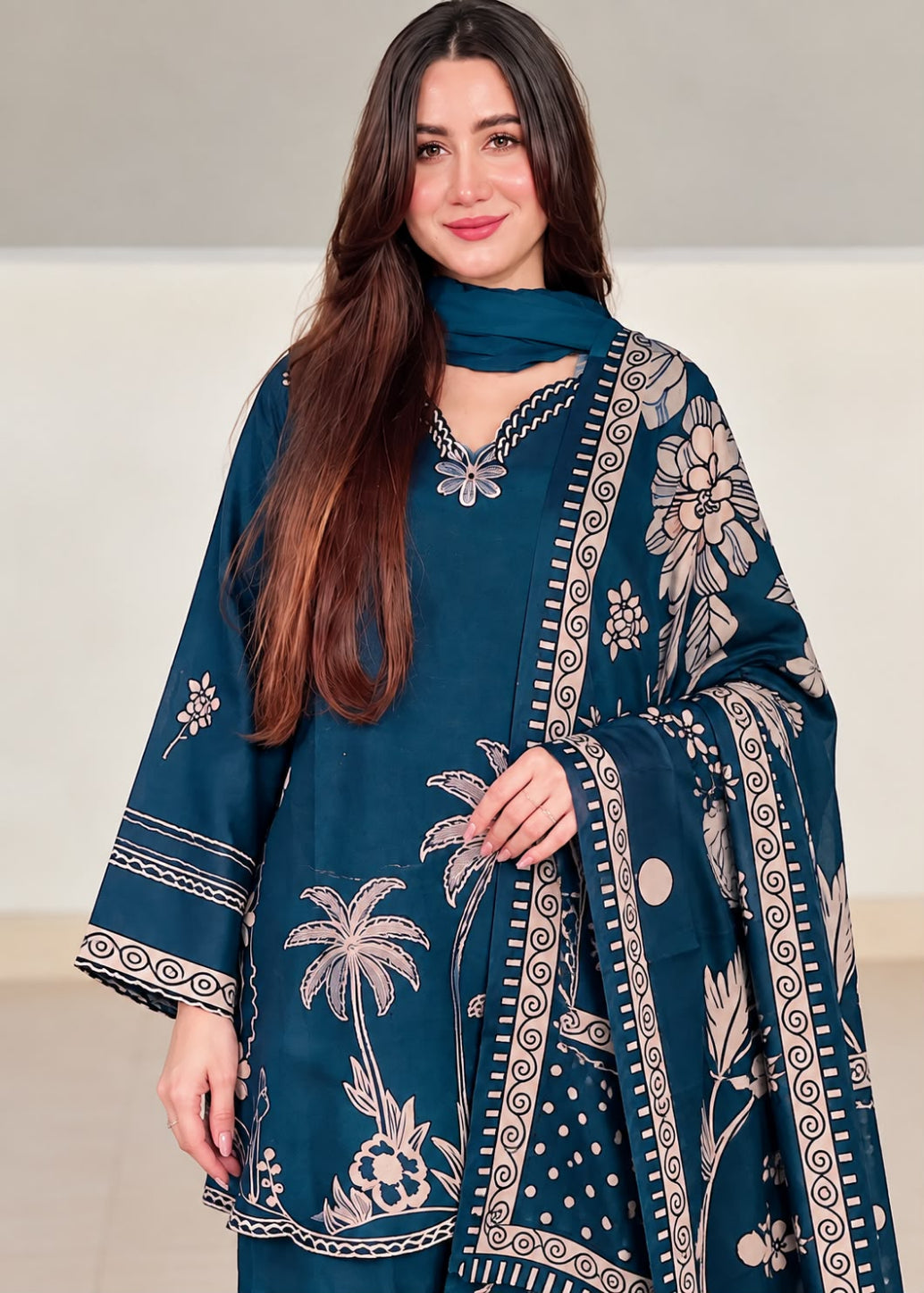 A woman modeling a teal blue three-piece traditional outfit with beige floral and palm tree block prints, featuring a kurta, matching trousers, and a dupatta.