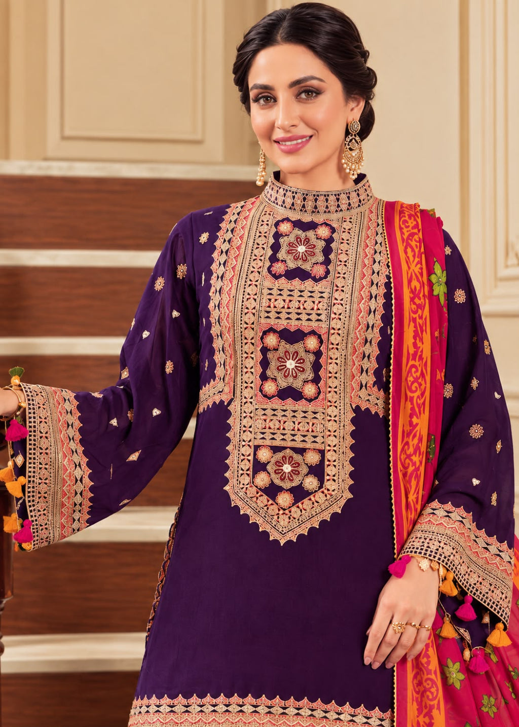 A woman modeling a deep purple traditional South Asian salwar kameez suit with intricate gold and beige embroidery, paired with a bright pink and orange patterned dupatta, set against an elegant indoor background.
