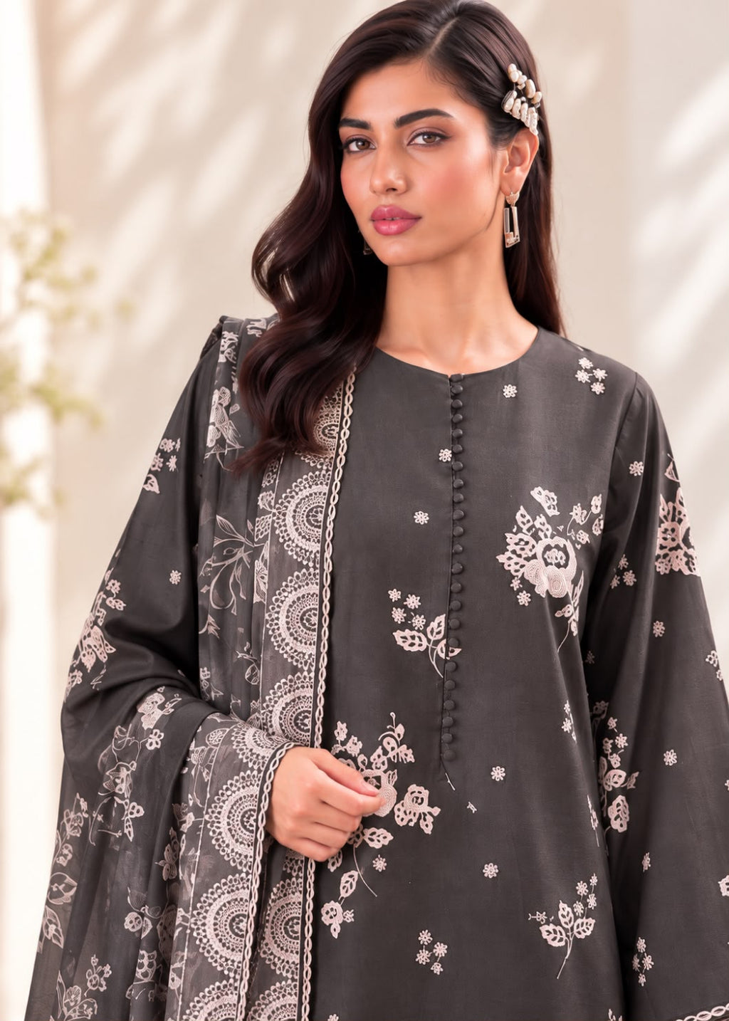 A woman modeling a dark gray traditional outfit with white floral and paisley patterns, featuring a round neckline, front button placket, and matching dupatta.