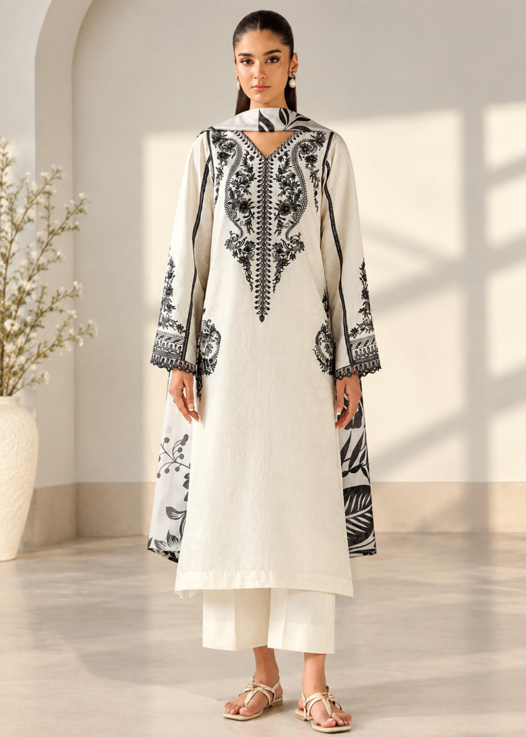 A woman modeling a long white kurta with black and gray printed embroidery on the front, sleeves, and hem, paired with matching white cropped pants and beige sandals in a bright indoor setting.