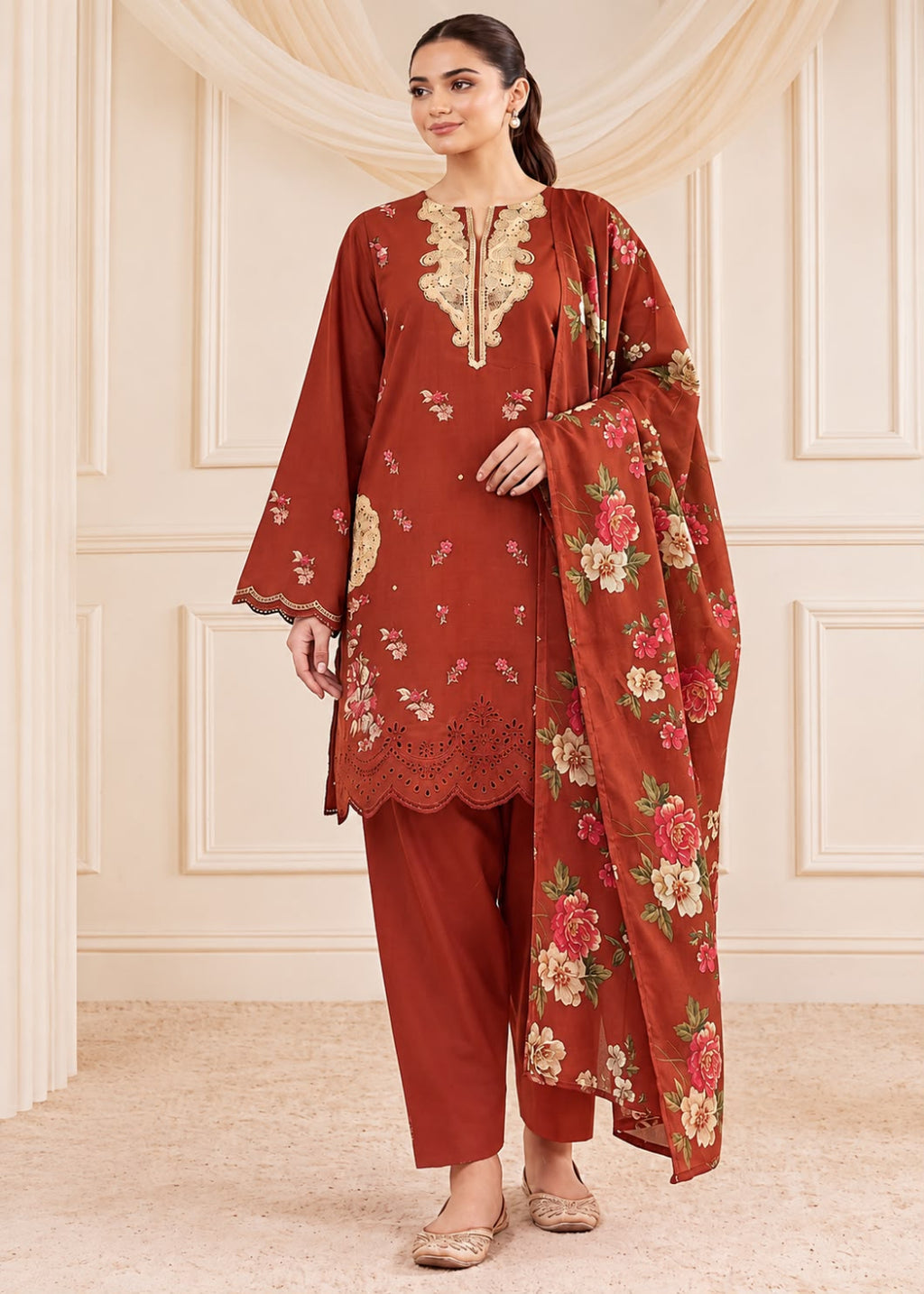 A woman models a rust-red ethnic three-piece suit set featuring a kurta with gold embroidery, matching pants, and a floral printed dupatta, set against a cream-colored paneled wall.