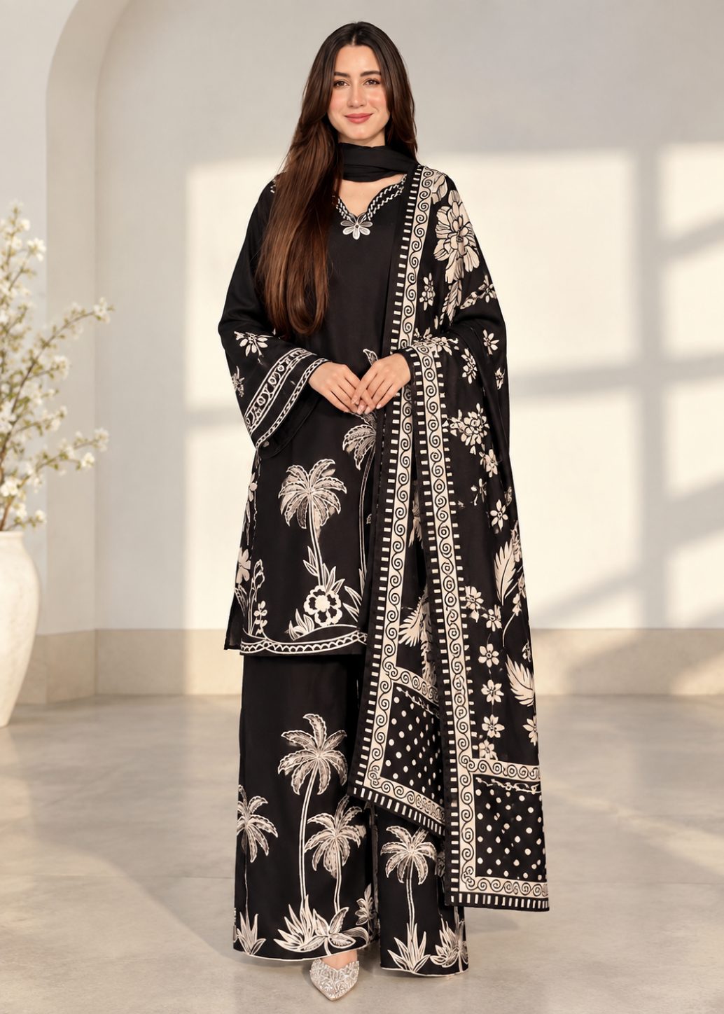 A woman models a black three-piece traditional outfit with white palm tree and floral embroidery, featuring a kurta, wide-leg pants, and a matching dupatta, set against a bright, sunlit indoor background.