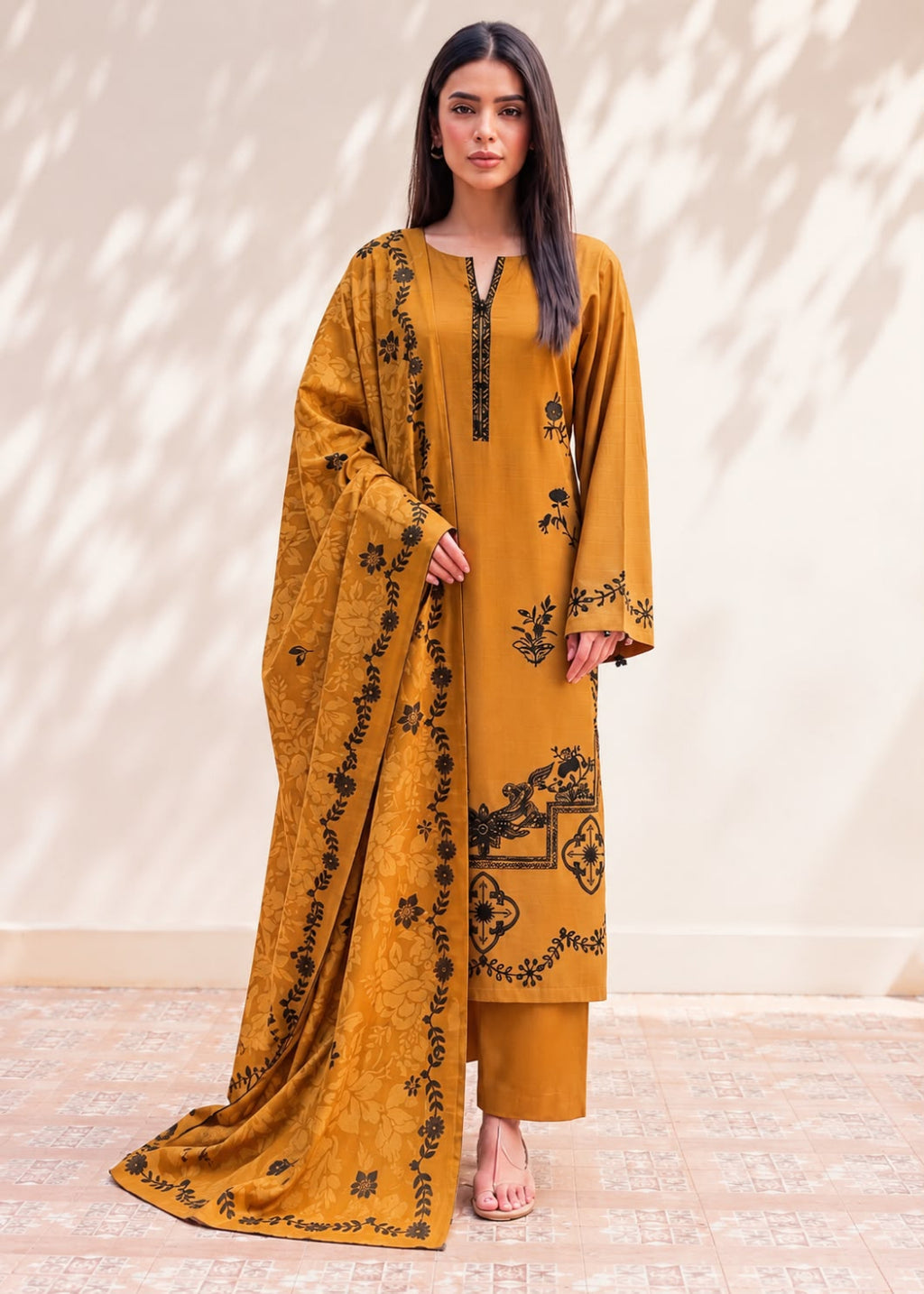 A woman modeling a mustard yellow three-piece salwar kameez suit with black printed floral and geometric patterns, standing against a beige wall with leaf shadows.