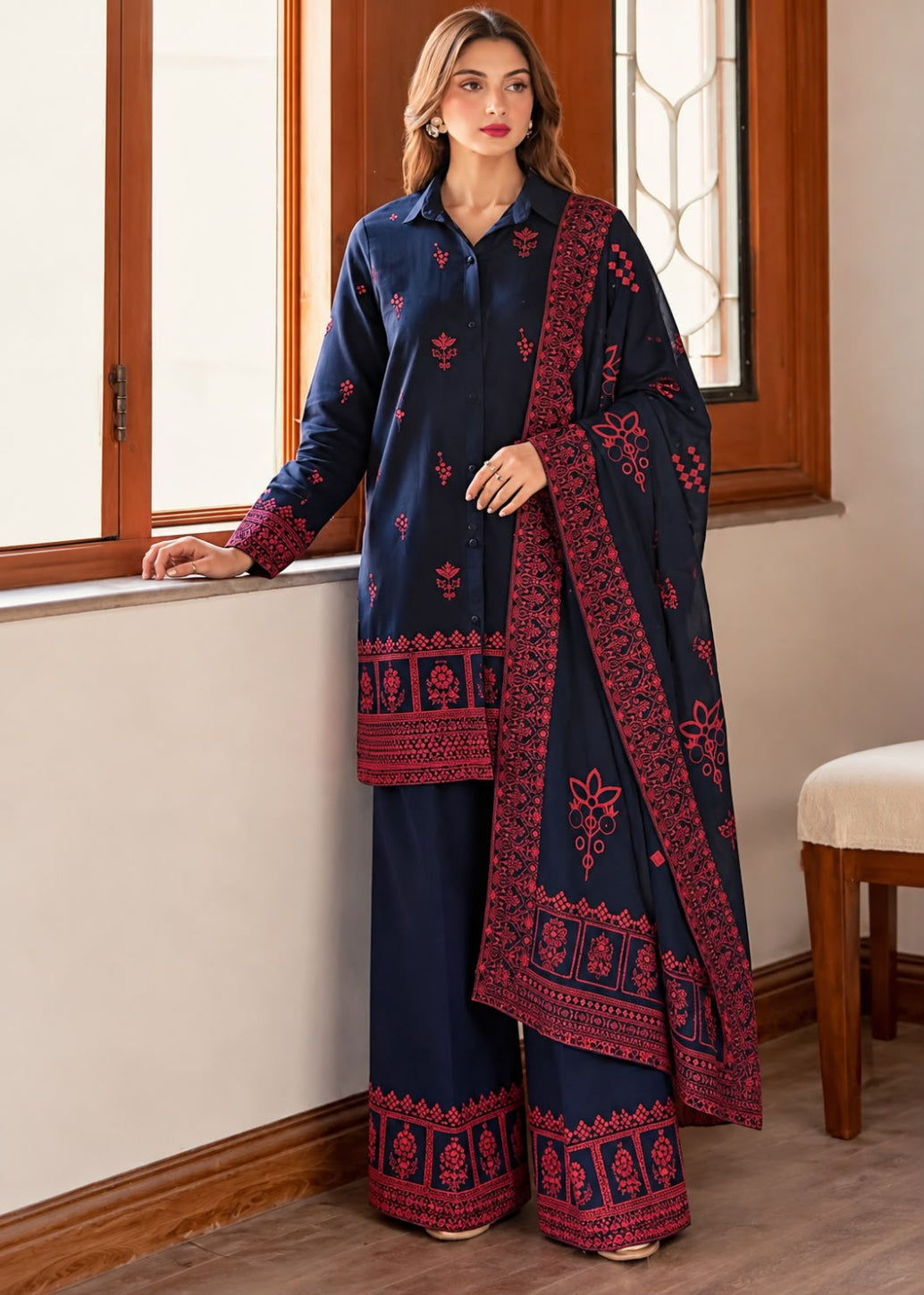 A woman models a navy blue three-piece traditional outfit with deep red and pink floral embroidery, consisting of a long-sleeve kurta, wide-leg trousers, and a matching dupatta, set against an indoor background with wooden window frames.