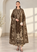 A woman models a brown traditional outfit with extensive beige and gold embroidery, featuring a long kurta, a matching open-front jacket, and a coordinating dupatta, set against a neutral indoor background.