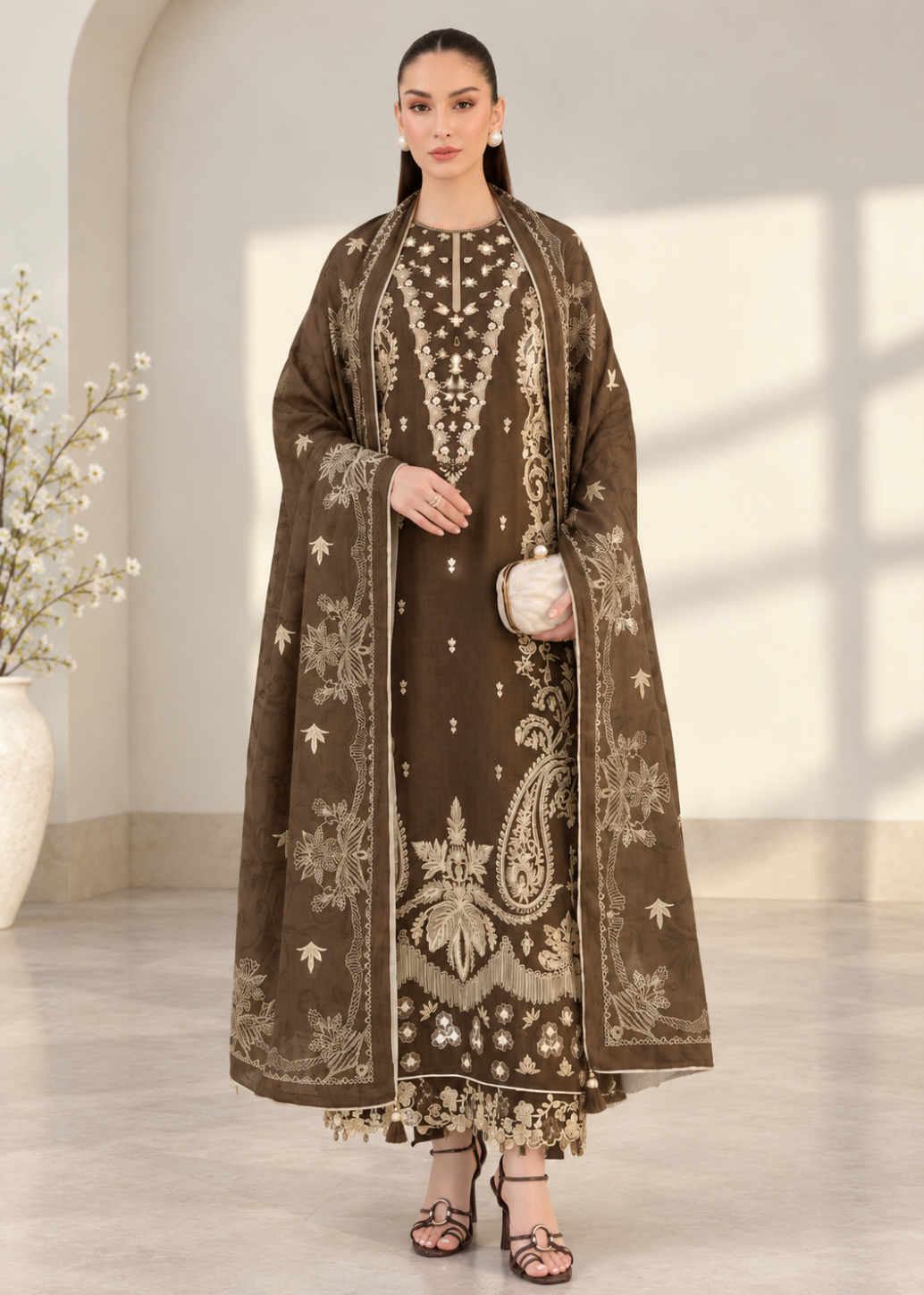 A woman models a brown traditional outfit with extensive beige and gold embroidery, featuring a long kurta, a matching open-front jacket, and a coordinating dupatta, set against a neutral indoor background.