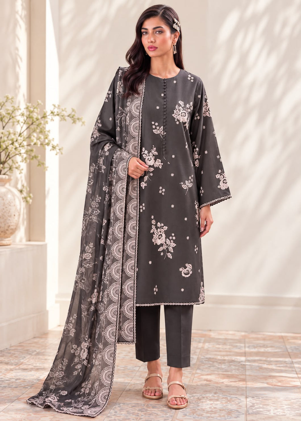 A woman models a dark gray three-piece salwar kameez suit set with white floral embroidery and a matching dupatta, standing in a brightly lit indoor setting with a beige wall and tiled floor.
