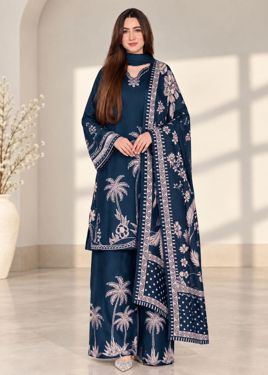 A woman modeling a navy blue three-piece traditional outfit with white palm tree and floral embroidery, featuring a kurta, matching trousers, and a dupatta, set against a warm beige interior background.