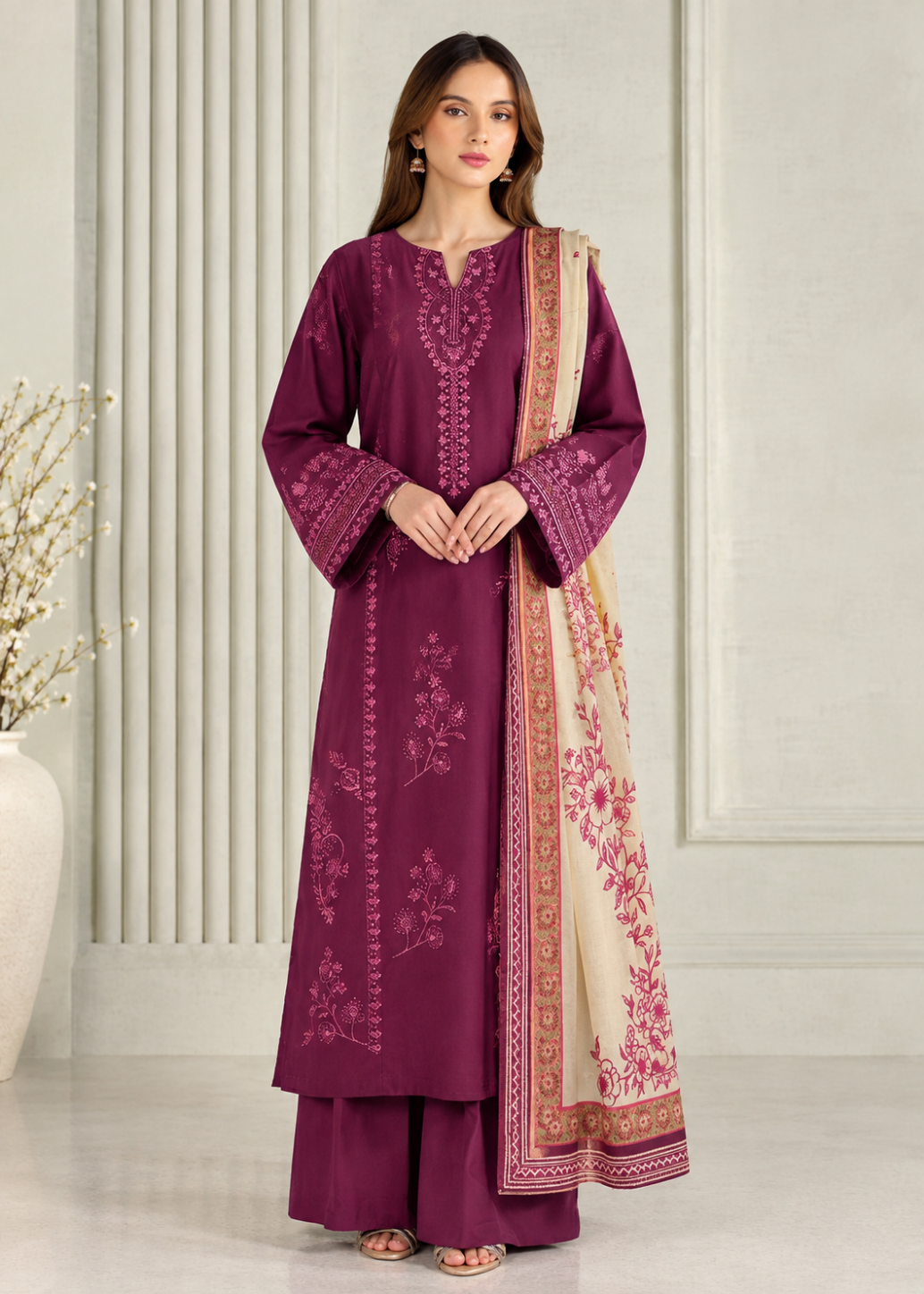 A woman models a traditional Indian salwar kameez suit in deep magenta with matching embroidered trousers and a beige dupatta featuring pink floral patterns and gold borders, set against a neutral paneled wall background.