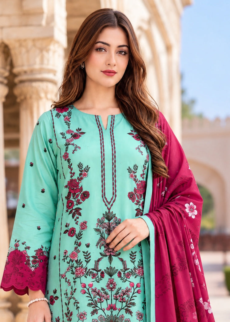 A woman modeling a mint green and magenta ethnic salwar kameez suit with floral embroidery and a matching dupatta, set against a blurred architectural background.